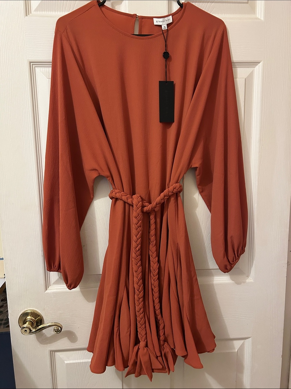 Gianni Bini Braided- Belt Long Bell Sleeve Boho Dress in Cinnamon